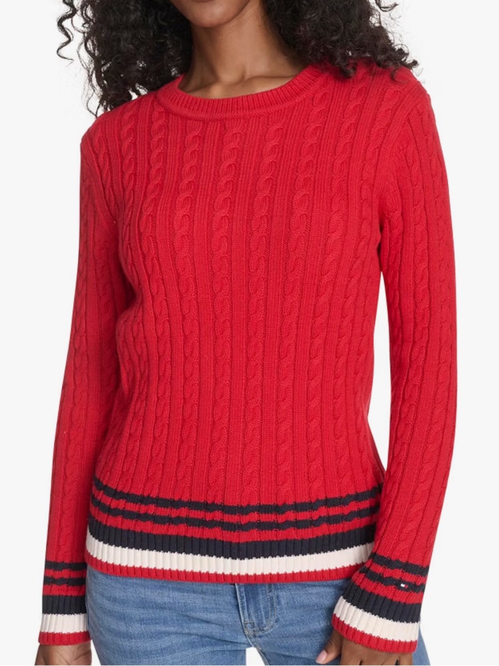 Tommy Hilfiger Red Cable-Knit Crewneck Sweater with Stripe Trim 100% cotton